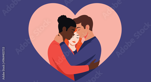 Three people of different ethnicities embracing in a heart shape representing polyamory, love, and diverse human relationships.