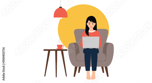 Young woman sitting in a comfortable armchair working on her laptop with a cup of hot coffee and a warm background sun graphic.
