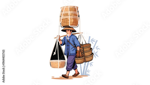 Carrying the load: An illustration depicts a person, dressed in traditional attire, gracefully carrying baskets using a traditional carrying pole.