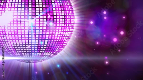 Aminated close-up clip of purple illuminated disco ball rotating at nightclub
