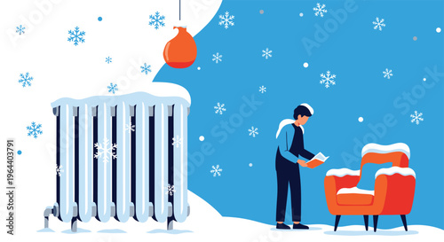 Man reading a book in a freezing room with a snow covered radiator and armchair representing high energy costs or winter cold.