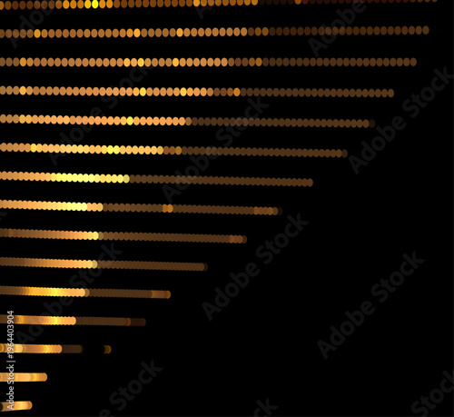 黒背景に黄金色の発光ドットが斜めに流れるグラデーション抽象デザイン背景素材・データ可視化やテクノロジーイメージに最適な粒子ラインアート