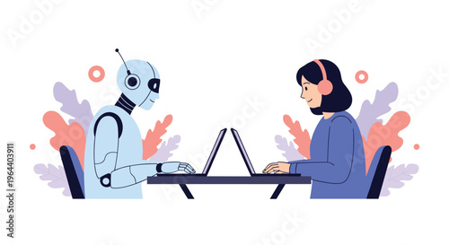 Human and artificial intelligence robot working together on laptops at a desk representing future collaboration.