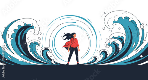 Resilient woman standing firm and courageous amidst massive ocean waves symbolizing strength and inner peace.