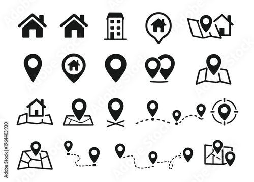 Location and Map Icon Set Black and White Navigation Pin Symbols Collection
