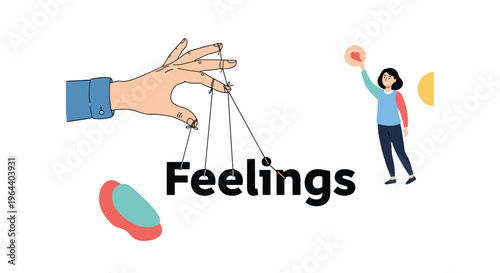 Conceptual illustration about emotional control and manipulation showing a giant hand pulling strings of feelings.