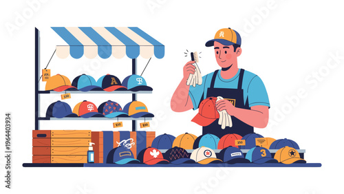 Hat Vendor's Stand: A smiling vendor meticulously inspects and arranges baseball hats at a vibrant street market stall. The scene exudes everyday charm.