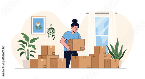 Young woman moving into a new home or office holding a cardboard box surrounded by many packed containers.