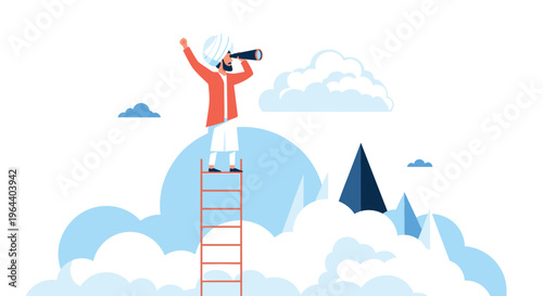 Ambitious man in a turban standing on a high ladder and using a telescope to look into the future among clouds.