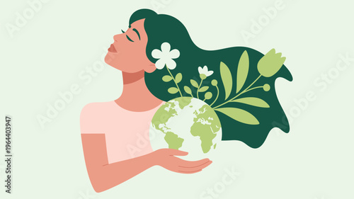 Woman protecting Earth globe with natural elements illustration
