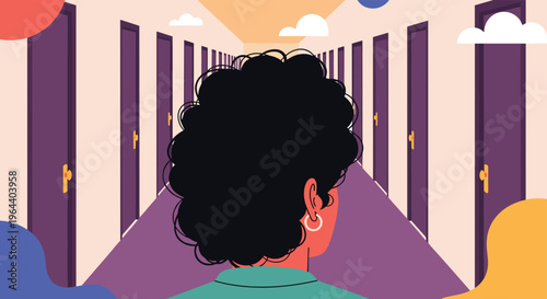 Woman with curly hair standing in a long hallway filled with many doors representing choices and opportunities.