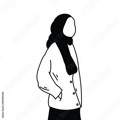 Simple black and white vector art of a modest figure in a hijab, reflecting individuality and cultural expression