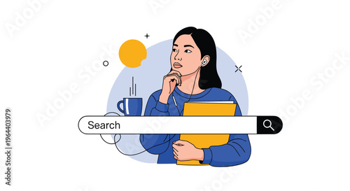 Thoughtful young woman with headphones looking for information using an online search bar with a coffee cup.