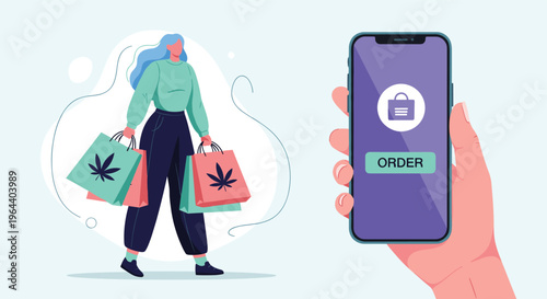 Customer with shopping bags containing cannabis products and a mobile phone interface for online ordering.