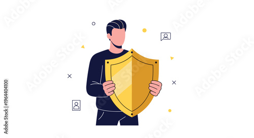 Confident man protecting himself and his personal data with a large golden shield against digital security threats.