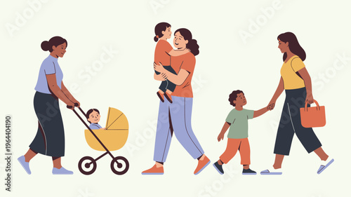 Women and children walking together illustration