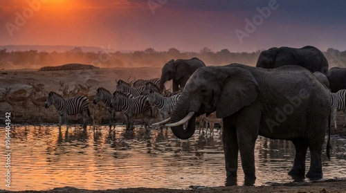 An African waterhole at dusk, a mixed herd  zebra, elephant, impala  drinking simultaneously, their reflections shimmering in the disturbed surface, a crocodile motionless at the far bank edge, the