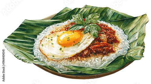 Watercolor nasi lemak on banana leaf is local food of traditional malaysia food clip art illustration