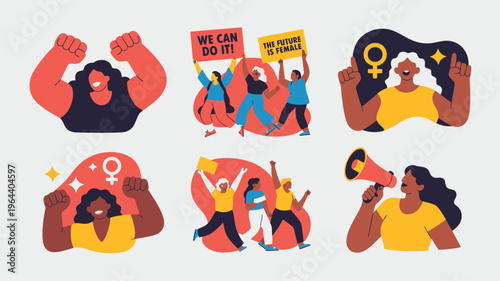 Women protesting for equality illustration set