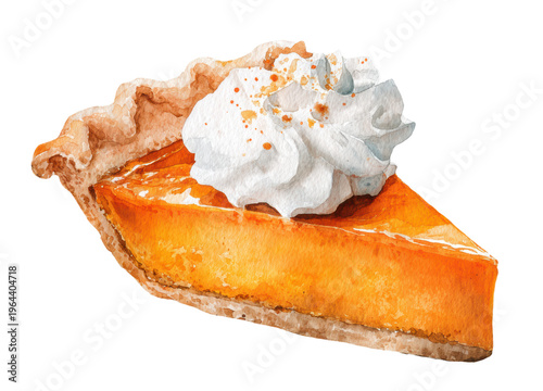 Watercolor slice of pumpkin pie topped with whipped cream clip art illustration