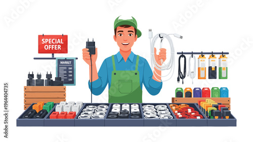 Electrical Shop Display: A friendly shopkeeper stands proudly behind his display of electrical supplies. showing off various products.