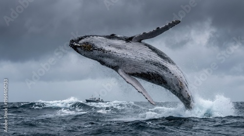A humpback whale breaching in the Southern Ocean, the animal fully airborne rotating slightly to the left, water sheeting off its pectoral fins and body, the rough grey-white underside in full detail,