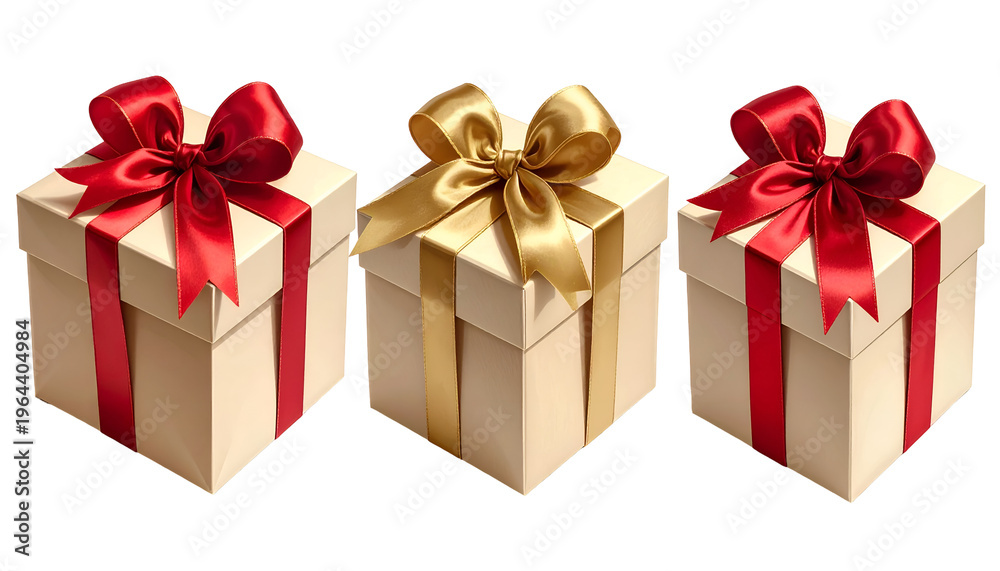 Fototapeta premium Three square gift boxes with colorful satin bows atop against a dark background