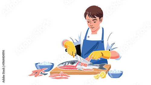 Master Chef's Culinary Art: Capturing a chef's dedication to quality. The chef skillfully prepares a fresh fish, a testament to culinary craftsmanship and attention to detail.