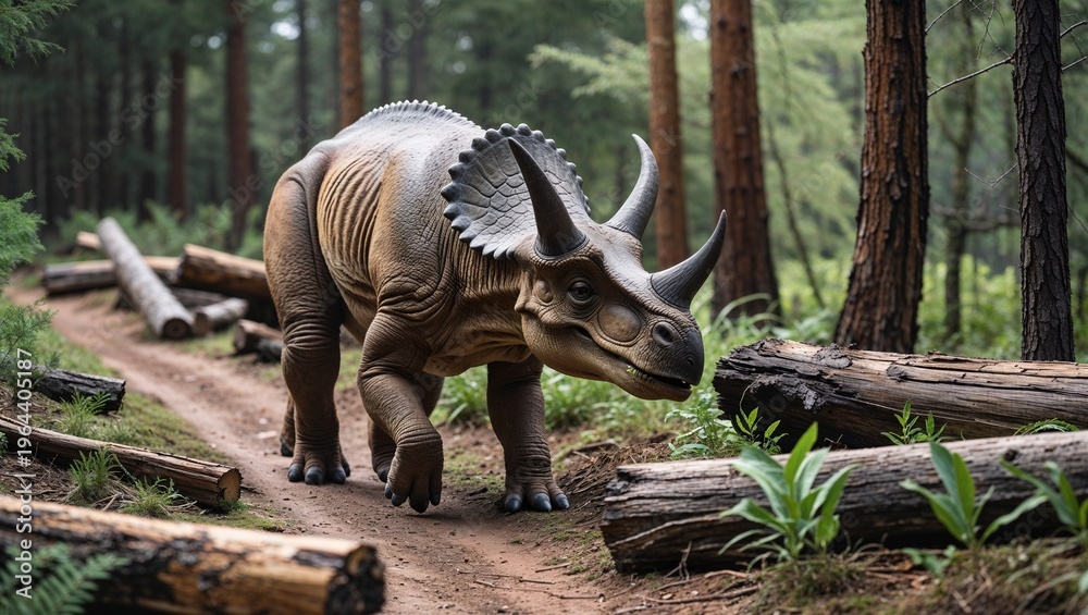 Fototapeta premium Leptoceratops walking along forest trail beside fallen logs and groundcover plants