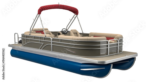 A serene lake scene featuring a blue and silver pontoon boat with a red canopy.