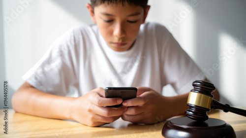 Teenager using a smartphone with a judge gavel representing social media law and youth digital regulations