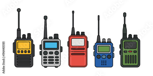Walkie talkie radios for communication technology concept, portable wireless transceivers, field communication equipment