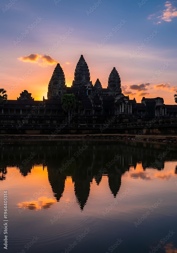 Fototapeta premium Angkor Wat Silhouette at Sunset - A Timeless Cambodian Landmark.
