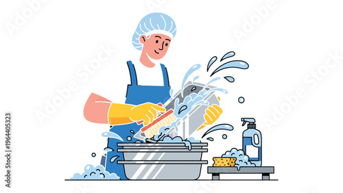 Washing Utensils: A diligent individual, clad in a hygienic cap and gloves, meticulously cleans a collection of metallic containers, ensuring thorough cleanliness and sanitation.