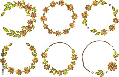 Set of Hand-Drawn Floral Wreaths with Yellow Flowers and Green Leaves for Spring and Summer Design.