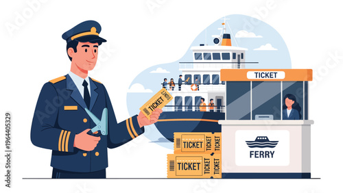 Ferry Ticket Check: A uniformed officer inspects a passenger's ferry ticket. In the background, the ferry awaits embarkation, suggesting the promise of a journey and travel.