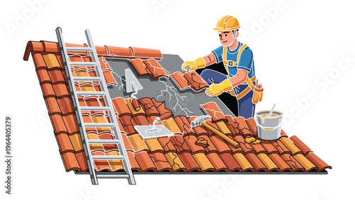 Roofing Repair: A skilled roofer, equipped with tools and expertise, meticulously repairs a tiled roof. A testament to skilled craftsmanship and essential home maintenance.