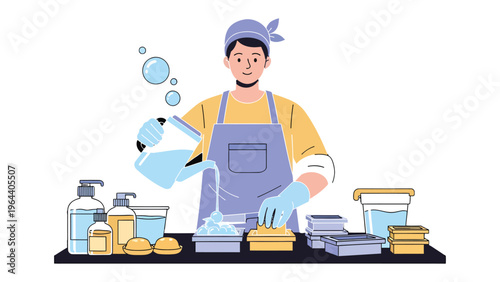 Daily Ritual of Clean: A focused individual in a clean environment, immersed in the precise task of dishwashing, surrounded by all the tools necessary to ensure cleanliness.
