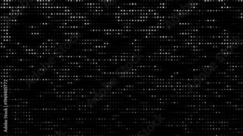 White dots on black background. Big data flow. Halftone texture animation. Randomly glowing dots. Bussines data and technology video effect.