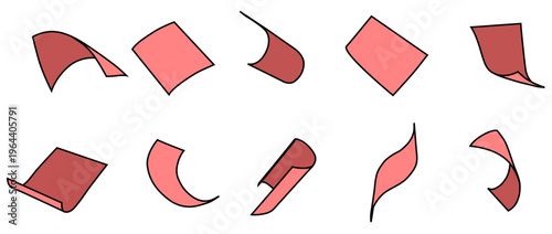 シンプルで可愛いピンク色の紙めくりやカール表現のベクター素材セット 手書き風ラインの剥がれや折れ曲がりの装飾パーツ集