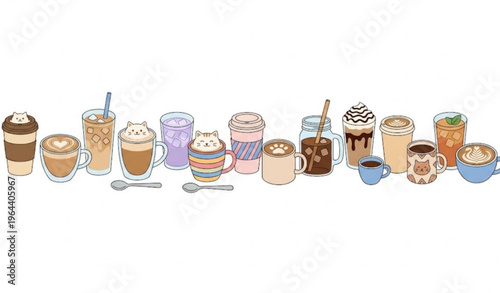 Modern coffee drink icons with hot and iced beverages latte art and cappuccino vector collection isolated on white