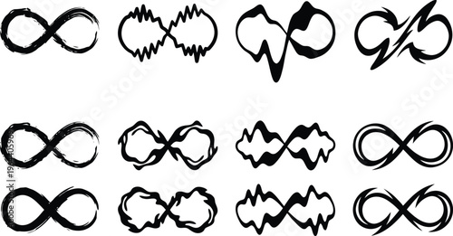 Twelve Infinity Symbols in Various Artistic Styles on White Background endless eternal