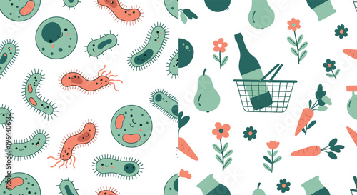Microbiology and organic lifestyle pattern vector set featuring bacteria cells, vegetables and eco grocery elements in flat illustration