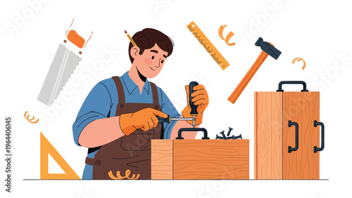 Carpenter at Work: A skilled carpenter meticulously works on a wooden project, surrounded by essential tools, demonstrating craftsmanship and precision.