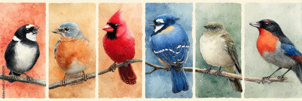 Fototapeta premium Collection of Six Watercolor Illustrations Featuring Robin, Blue Jay, Cardinal, Swallow, Finch, and Hummingbird Arranged in a 2x3 Grid With Warm-Toned Backgrounds