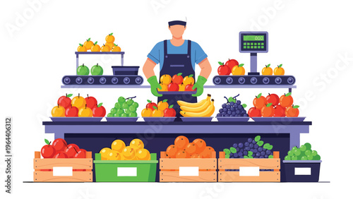 Fruit Seller's Bounty: A fruit seller meticulously arranges an array of vibrant and fresh fruits on display at a market, inviting customers with their colorful appeal.