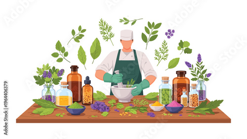 Botanical Elixir: A professional blending and preparing herbal extracts and ingredients with precision, in the process of formulating a potent concoction.