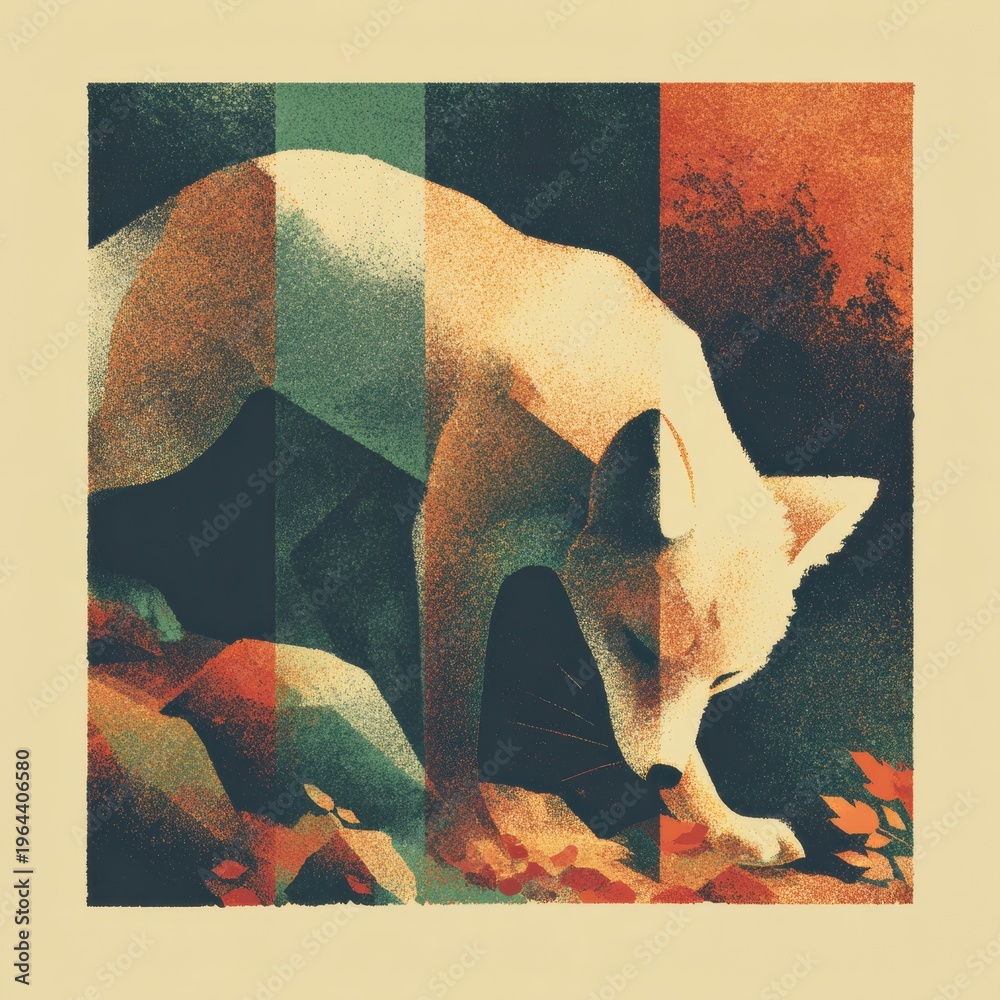 Fototapeta premium Fox Walking Through an Autumn Forest With Warm Colors and Grainy Texture in a Simple Graphic Illustration