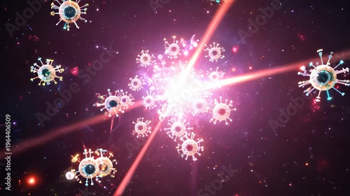 Bright pink explosion with fractal structures and glowing particles on deep space background, multiple radial rays and abstract shapes, concept of cosmic energy and quantum physics