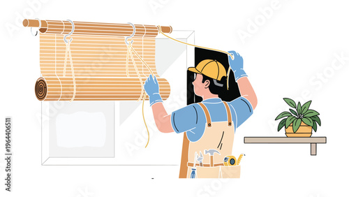 Window Blinds Installation: A skilled technician diligently installs elegant bamboo blinds, focusing on the careful adjustment and perfect fit within a well-lit room.